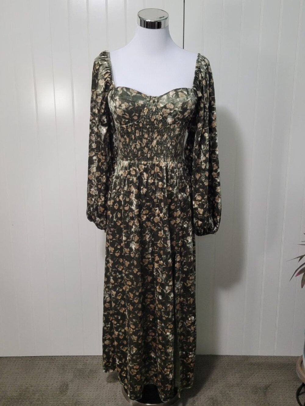 Bohme Boho Peasant Prairie Cottagecore Velvet Floral Print Necali Maxi Dress SM